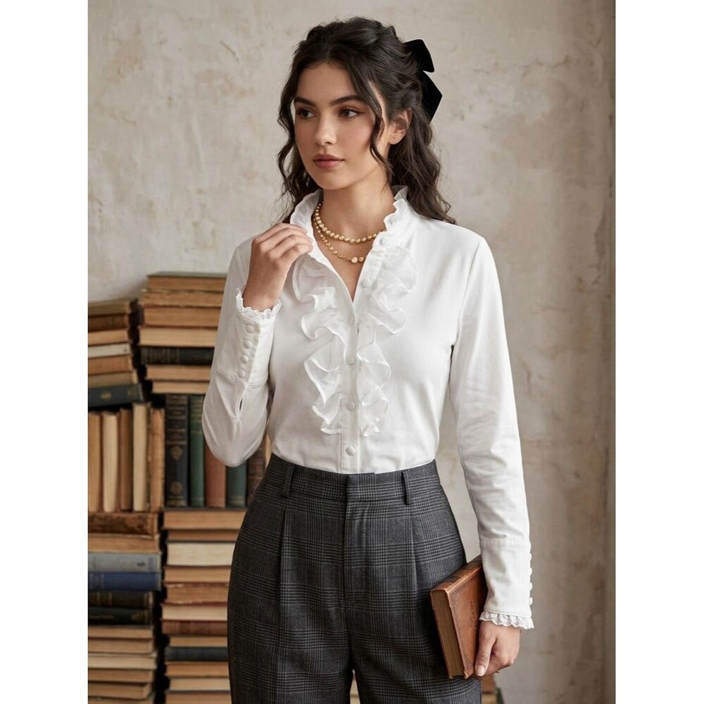TJW Women White Solid Ruffle Front Button-Up Collared Long Sleeve Blouse 12